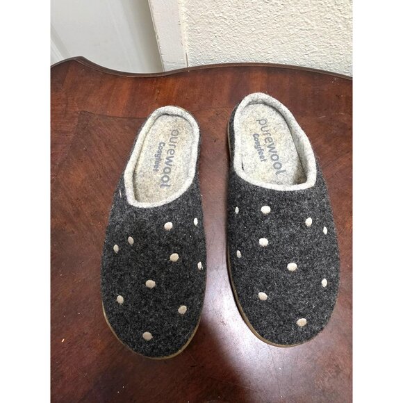 Pure wool Comfort Women's Gray Polka Dot Wool Slippers Rubber Soles Size 6 - Picture 2 of 10